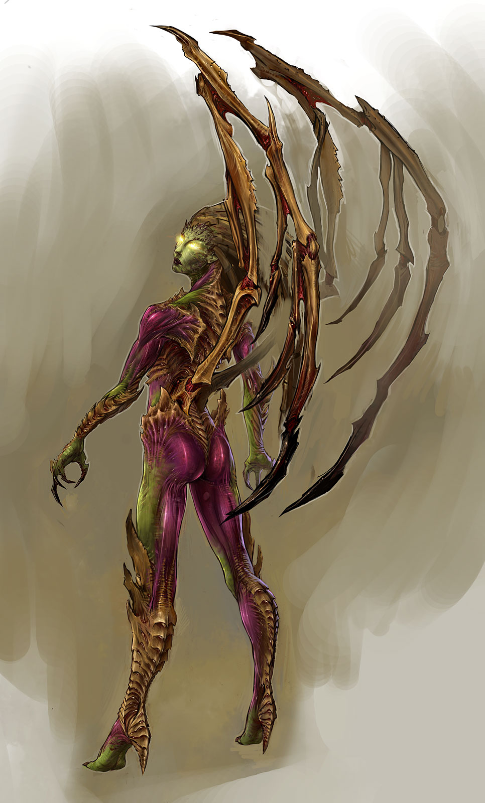 queen of blades, sarah kerrigan, zerg, starcraft, artist request, highres, 1girl, ass, back, female focus, full body, glowing, glowing eyes, gradient background, looking back, no pupils, solid eyes, solo, standing