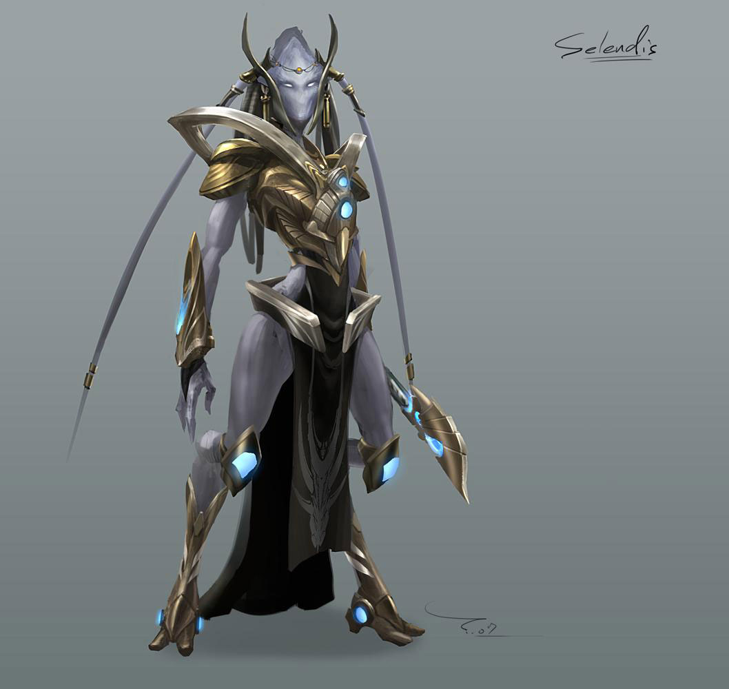 protoss, selendis, starcraft, artist request, gender request, alien, androgynous, armor, digitigrade, full body, gradient background, headgear, hip focus, mouthless, ornate armor, purple theme, solo, standing, tentacle hair