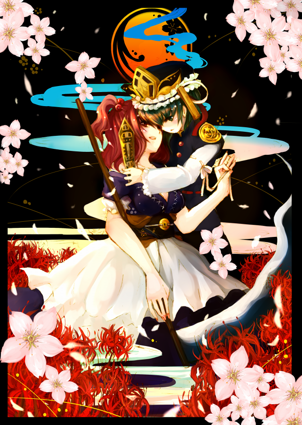 hanada hyou, onozuka komachi, shiki eiki, touhou, 2girls, couple, female focus, fingernails, flower, green eyes, green hair, hug, long fingernails, multiple girls, nail (hardware), petals, red eyes, red flower, red hair, rod of remorse, scythe, spider lily, yuri