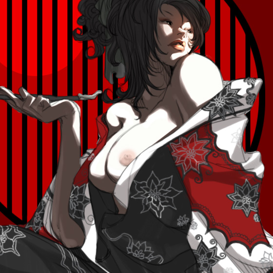 falcoon, original, 1girl, black eyes, black hair, breasts, cleavage, female focus, flower, japanese clothes, kiseru, large breasts, lips, lipstick, long hair, makeup, nipples, open clothes, open shirt, shirt, smoking pipe, solo