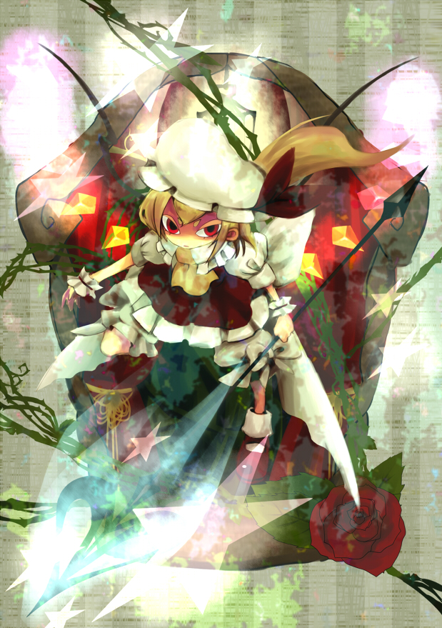 1008 (noble), chiba (noble), flandre scarlet, touhou, 1girl, blonde hair, bloomers, blouse, female focus, hat, mob cap, polearm, red eyes, shirt, socks, solo, star (symbol), underwear, weapon, white hat, white shirt, white socks, wings