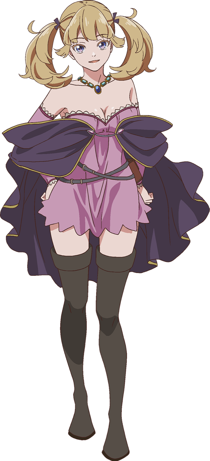 morion novaty nokanatika, kekkon yubiwa monogatari, cropped, highres, official art, 1girl, bare shoulders, blonde hair, blue eyes, boots, breasts, brown bag, brown boots, cleavage, coat, collarbone, detached sleeves, dress, female focus, full body, hand on own hip, jewelry, large breasts, legs, long hair, long sleeves, looking at viewer, necklace, no bra, off-shoulder coat, off shoulder, open mouth, pink dress, pink skirt, pink sleeves, purple coat, sexually suggestive, simple background, skirt, solo, solo focus, standing, tachi-e, thigh boots, thighhighs, thighs, twintails, waist bag, white background, zettai ryouiki