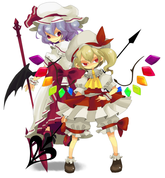 1008 (noble), chiba (noble), flandre scarlet, remilia scarlet, touhou, 2girls, bat wings, blonde hair, bloomers, blue hair, female focus, hat, laevatein, mob cap, multiple girls, polearm, ponytail, purple hair, red eyes, ribbon, short hair, siblings, side ponytail, sisters, spear, spear the gungnir, underwear, weapon, white bloomers, wings