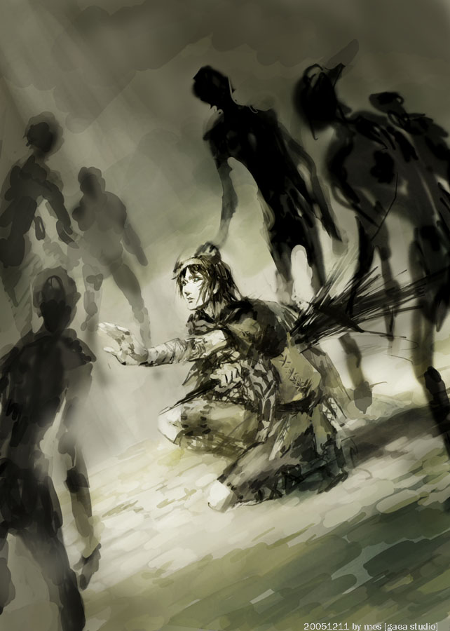 mos, dormin (shadow of the colossus), wander (shadow of the colossus), shadow of the colossus, artist request, spoilers, 1boy, bad end, bandages, black hair, blood, colossi, consequence, game console, kneeling, on one knee, pain, playstation 2, poncho, shadow, short hair, surcoat, sword, video game, weapon