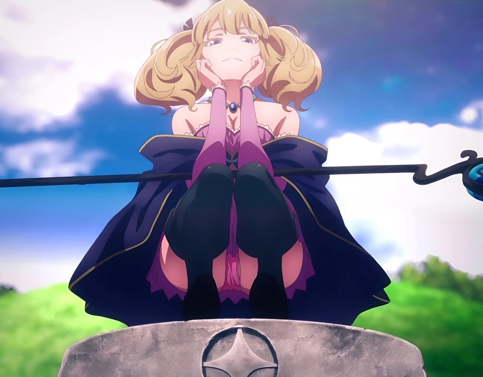 morion novaty nokanatika, kekkon yubiwa monogatari, anime screenshot, highres, 1girl, bare shoulders, black eyes, blonde hair, boots, breasts, cleavage, closed mouth, coat, crystal ball, dot nose, dress, female focus, from below, hands on own chin, hands on own face, jewelry, kneeling, large breasts, legs, long hair, looking at viewer, looking down, magic staff, morion, necklace, no bra, off-shoulder coat, off shoulder, panties, pantyshot, pink dress, pink panties, pink skirt, purple coat, sexually suggestive, sitting, skirt, solo, solo focus, thigh boots, thighhighs, thighs, twintails, underwear, upskirt, wooden staff, zettai ryouiki