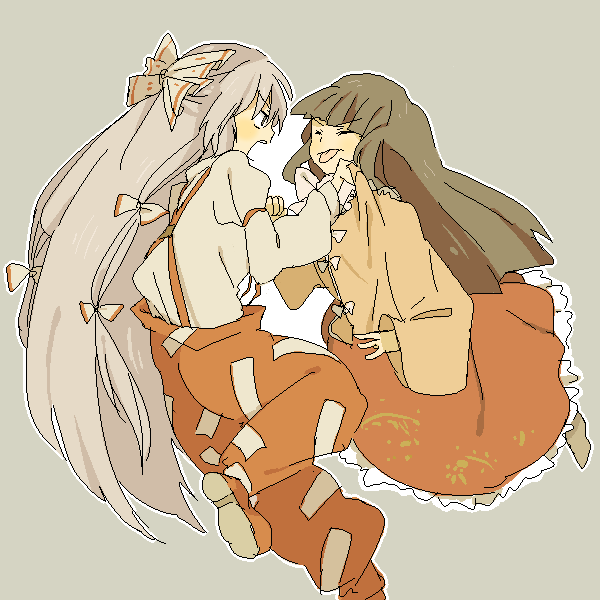 hizu, noise (hakusen), fujiwara no mokou, houraisan kaguya, touhou, silver hair, bad id, bad pixiv id, 2girls, angry, black hair, female focus, long hair, multiple girls, ribbon, tongue