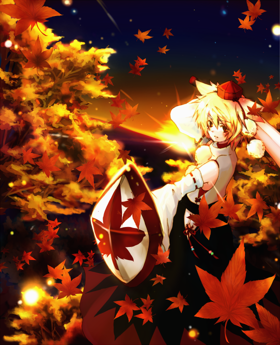 hanada hyou, inubashiri momiji, touhou, bad id, bad pixiv id, 1girl, animal ears, autumn, detached sleeves, female focus, hat, leaf, outdoors, plant, shield, sky, solo, standing, sword, weapon, white hair, wolf ears