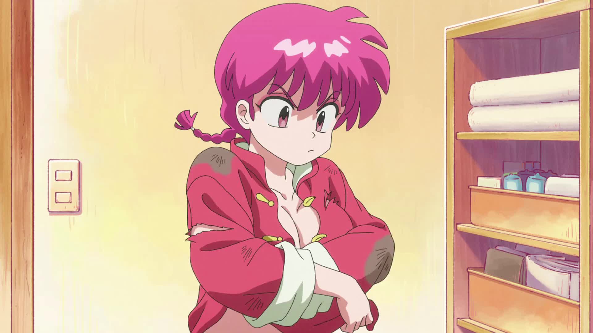 ranma-chan, saotome ranma, ranma 1/2, animated, tagme, video, 1girl, braid, braided ponytail, breasts, brown eyes, chinese clothes, medium breasts, no nipples, pink hair, undressing