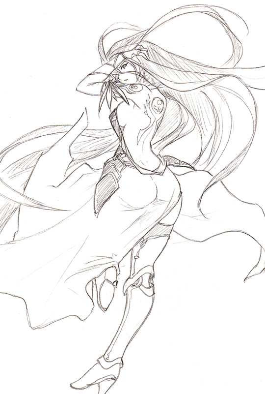 noname (nowhere), shanoa (castlevania), castlevania: order of ecclesia, castlevania (series), konami, 1girl, armor, ass, back, backless outfit, bare shoulders, boots, breasts, dress, female focus, greyscale, long hair, medium breasts, monochrome, sideboob, sketch, skirt, solo, tattoo, thighhighs, very long hair