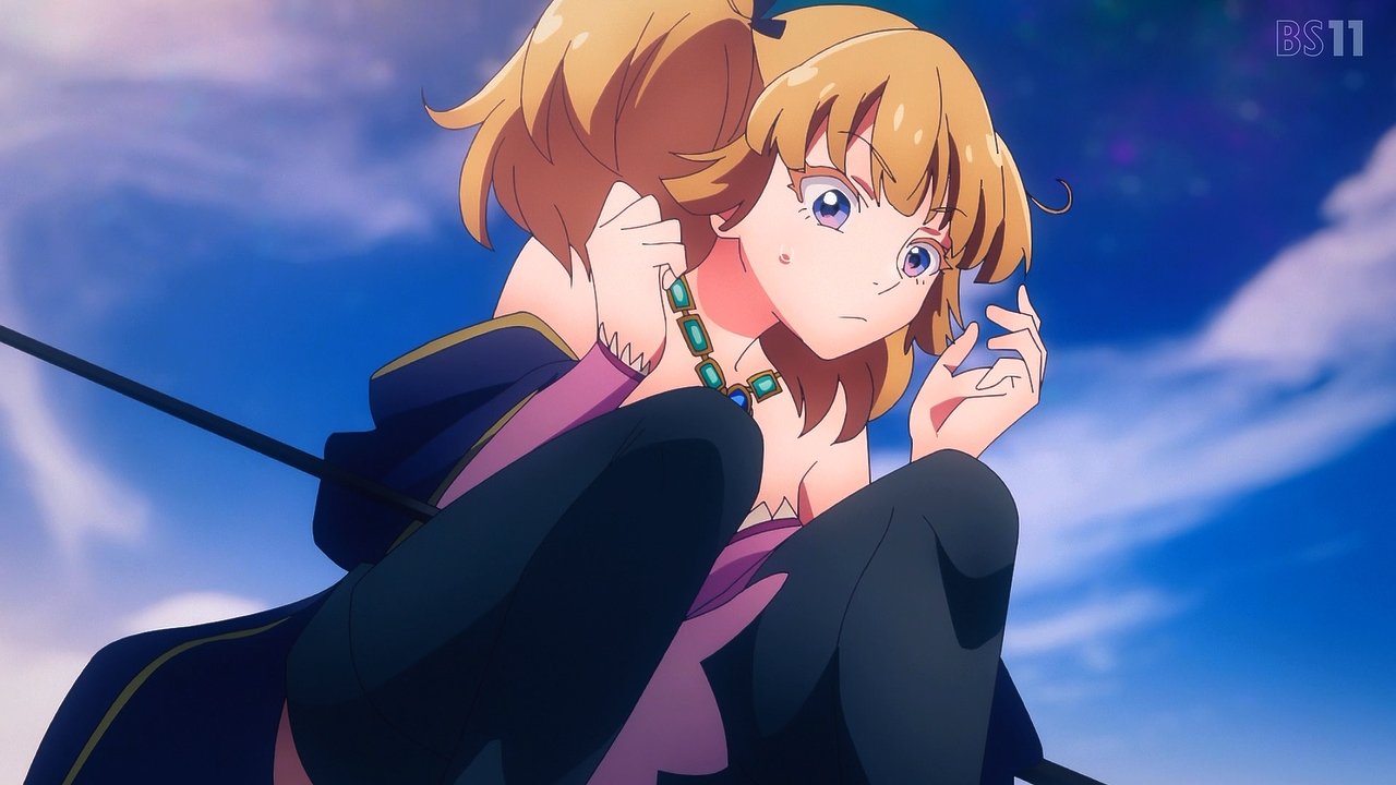 morion novaty nokanatika, kekkon yubiwa monogatari, anime screenshot, highres, 1girl, bare shoulders, blonde hair, boots, closed mouth, coat, female focus, jewelry, long hair, looking down, necklace, no bra, off-shoulder coat, off shoulder, pink skirt, purple coat, purple eyes, sitting, skirt, solo, solo focus, sweat, sweatdrop, thigh boots, thighhighs, twintails, zettai ryouiki