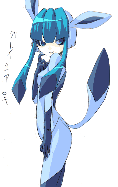 glaceon, nintendo, pokemon, 1girl, animal ears, aqua eyes, blue hair, costume, female focus, flat chest, gen 4 pokemon, personification, simple background, smile, solo, tail, white background