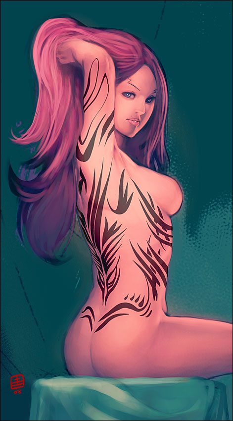 qiqo, 1girl, ass, breasts, female focus, large breasts, nude, red hair, solo, tattoo