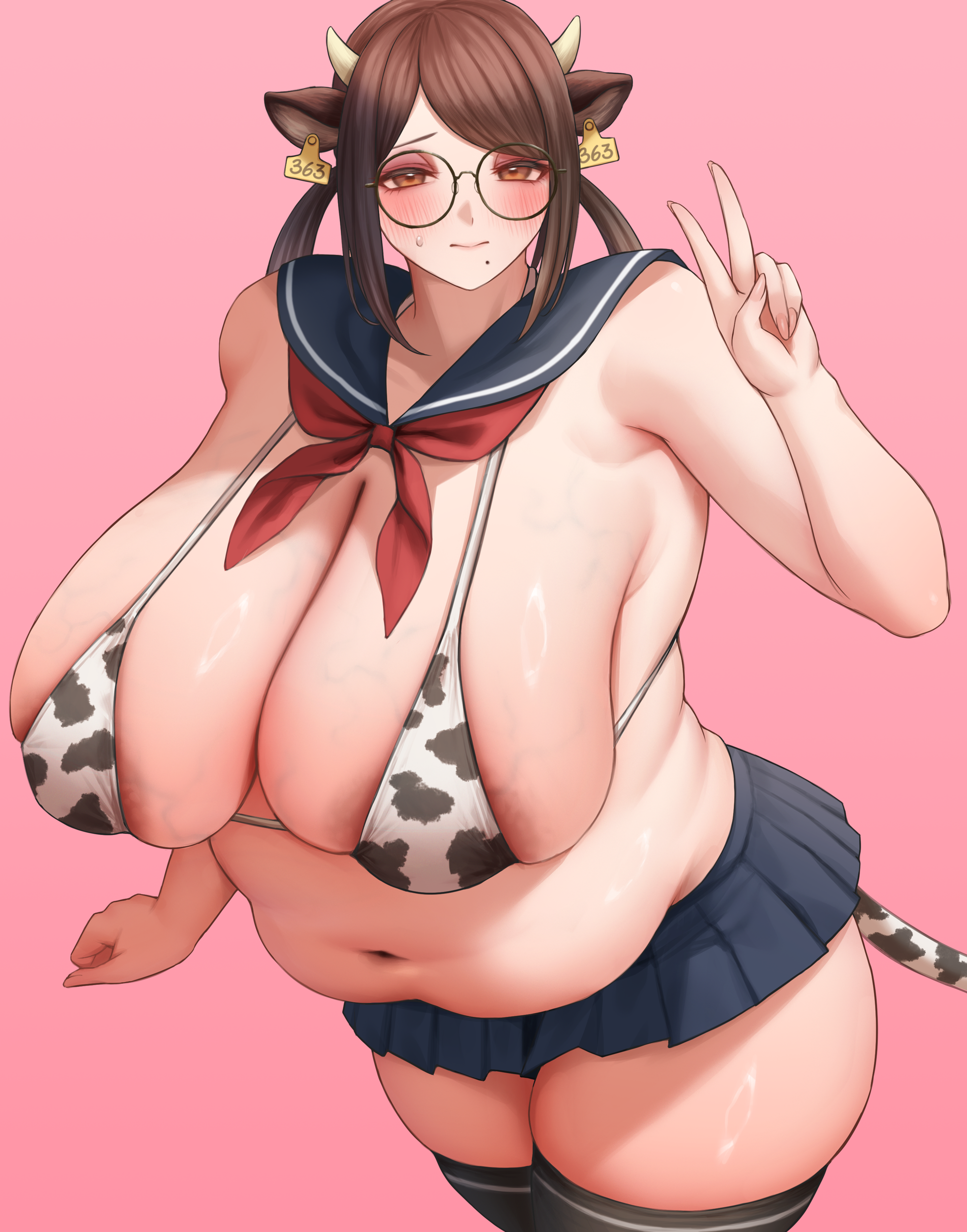 mil k vanilla, original, 1girl, adapted costume, animal ears, areola slip, belly, black thighhighs, blush, breasts, brown eyes, brown hair, cow ears, cow girl, cow horns, cow print, cow print bikini, cow tail, ear tag, fat, female focus, glasses, half-closed eyes, horns, huge breasts, looking at viewer, matching hair/eyes, miniskirt, mole, mole under mouth, navel, pink background, plump, print bikini, round eyewear, school uniform, serafuku, skindentation, skirt, solo, standing, tail, thick thighs, thighhighs, thighs, v, veins, veiny breasts