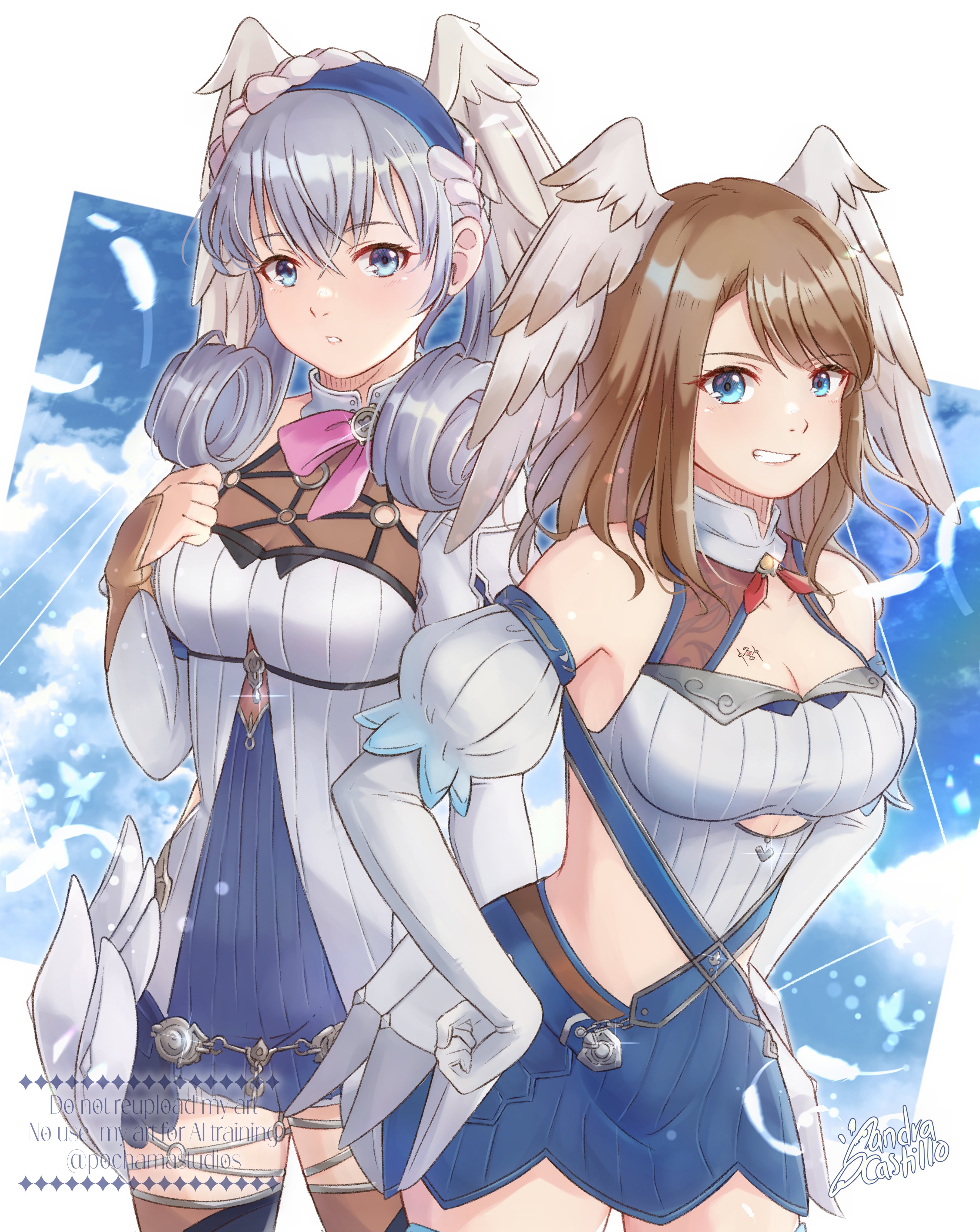 pochamastudios, eunie (xenoblade), melia antiqua, xenoblade chronicles: future connected, xenoblade chronicles (series), xenoblade chronicles 1, xenoblade chronicles 3, absurdres, commentary, english commentary, highres, 2girls, alternate costume, asymmetrical bangs, blue eyes, breast tattoo, breasts, brown hair, cleavage, crossed bangs, curly hair, grey hair, hair between eyes, hands on own hips, head wings, large breasts, leaning forward, long hair, multiple girls, parted bangs, smile, standing, tattoo, watermark, white background, wings