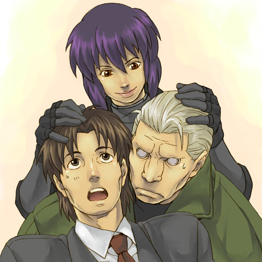 batou (gits), kusanagi motoko, togusa (gits), ghost in the shell, ghost in the shell: stand alone complex, 00s, 1girl, 2boys, brown eyes, brown hair, coat, formal clothes, gloves, headpat, mullet, multiple boys, necktie, purple hair, short hair, smile, suit, trench coat, white hair