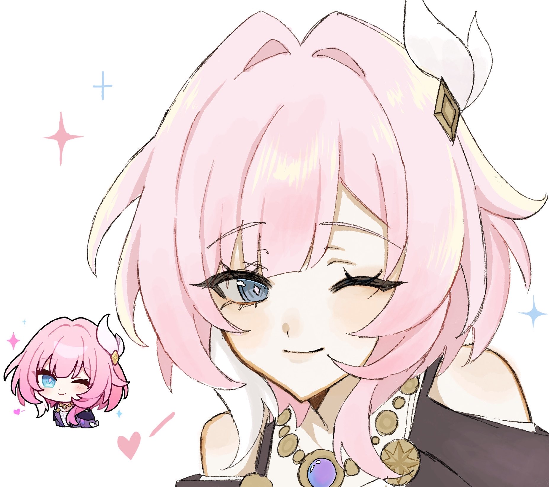 cyrene (honkai: star rail), honkai: star rail, honkai (series), derivative work, highres, 1girl, blue eyes, chibi, chibi inset, closed mouth, cyrene (aedes elysiae) (honkai: star rail), diamond-shaped pupils, diamond (shape), gem, gold necklace, hair intakes, hair ornament, heart, jewelry, looking at viewer, necklace, one eye closed, oxo tya, pink hair, portrait, reference inset, short hair, sidelocks, simple background, smile, solo, sparkle, symbol-shaped pupils, white background