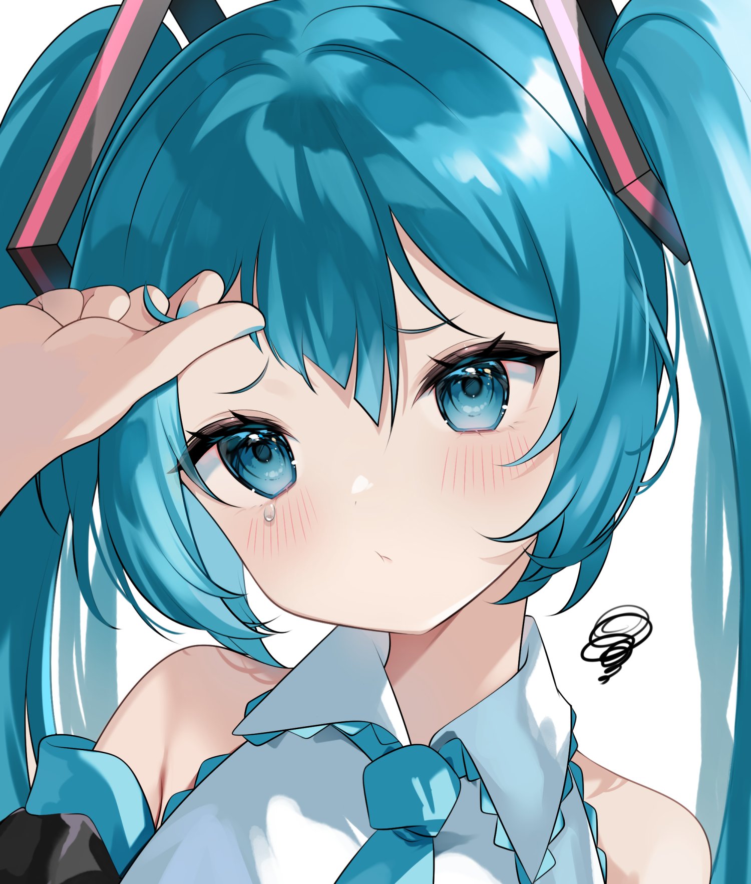 yuni (irohasuiroiro), hatsune miku, vocaloid, highres, 1girl, :t, aqua eyes, aqua hair, aqua nails, aqua necktie, blush, closed mouth, collared shirt, detached sleeves, hair between eyes, hair ornament, long hair, necktie, pout, shirt, simple background, solo, twintails, upper body, very long hair, white background, white shirt