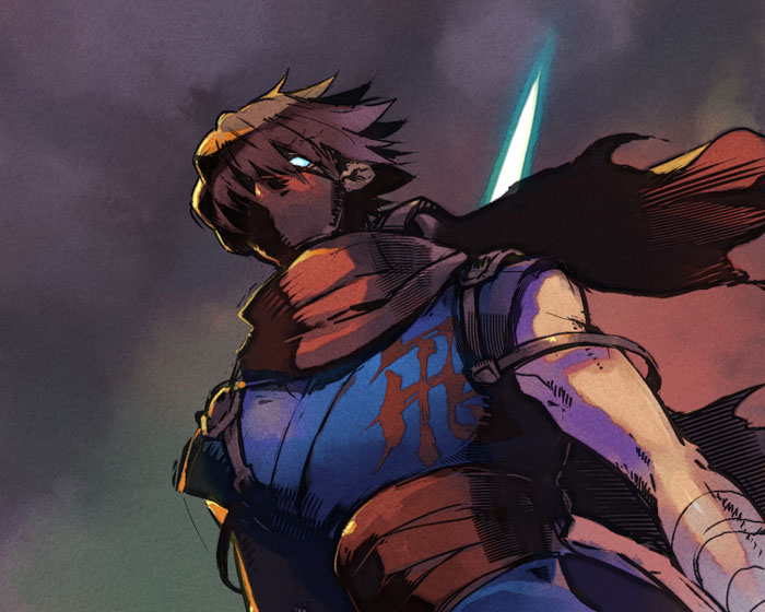 hpa (foolish factory), strider hiryuu, capcom, strider (video game), 1boy, bandages, brown hair, cloud, cloudy sky, energy sword, glowing, glowing eyes, hair over one eye, male focus, manly, mask, ninja, no pupils, red scarf, scarf, sky, solid eyes, sword, weapon