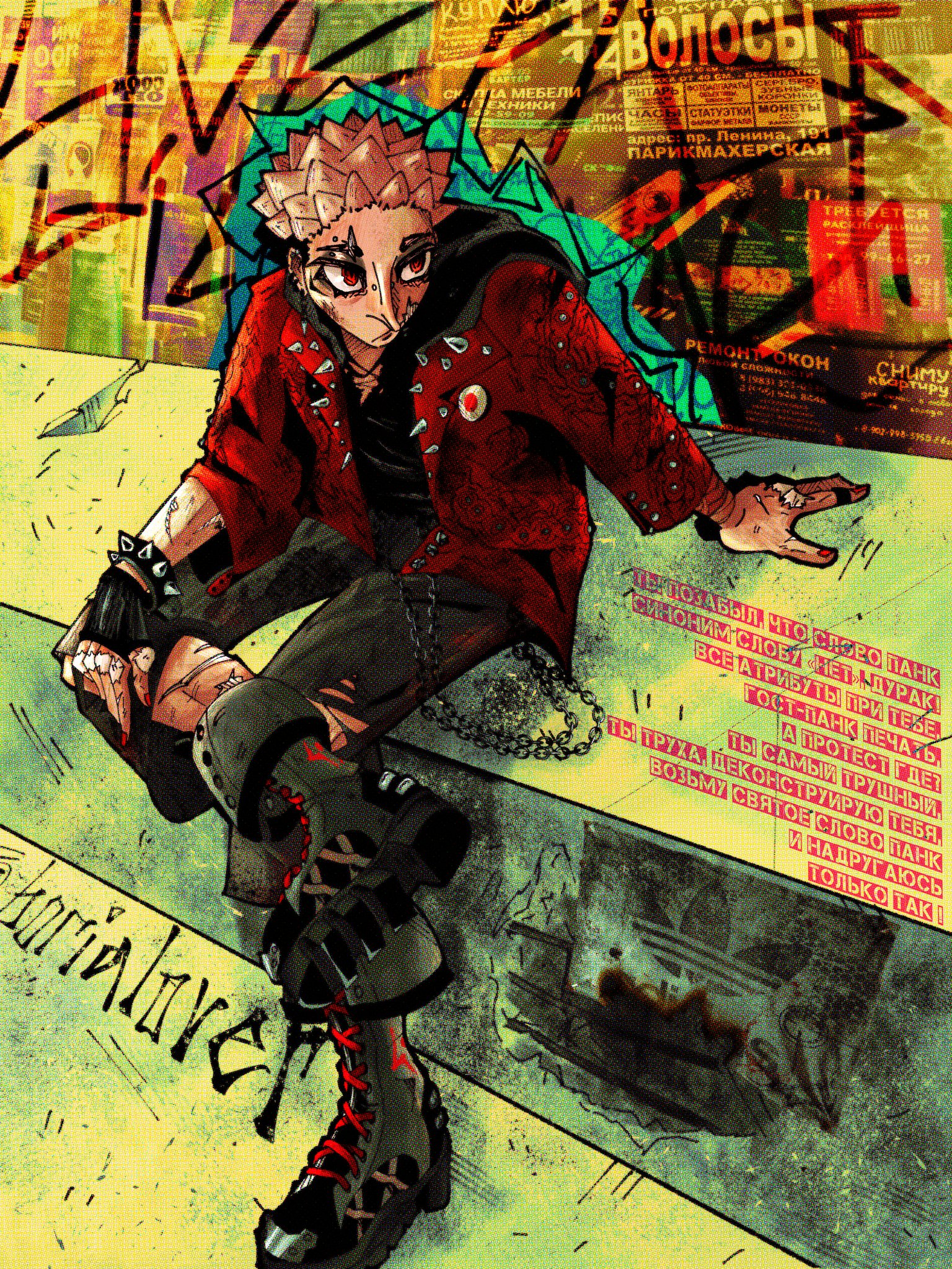 itadori yuuji, adidas, jujutsu kaisen, highres, 1boy, artist name, black shorts, borialover, bracelet, chain, full body, jacket, jewelry, long nose, male focus, red eyes, red jacket, russian text, scar, scar on face, shorts, solo, spiked bracelet, spiked hair, spiked jacket, spikes, torn clothes, torn shorts, twitter username