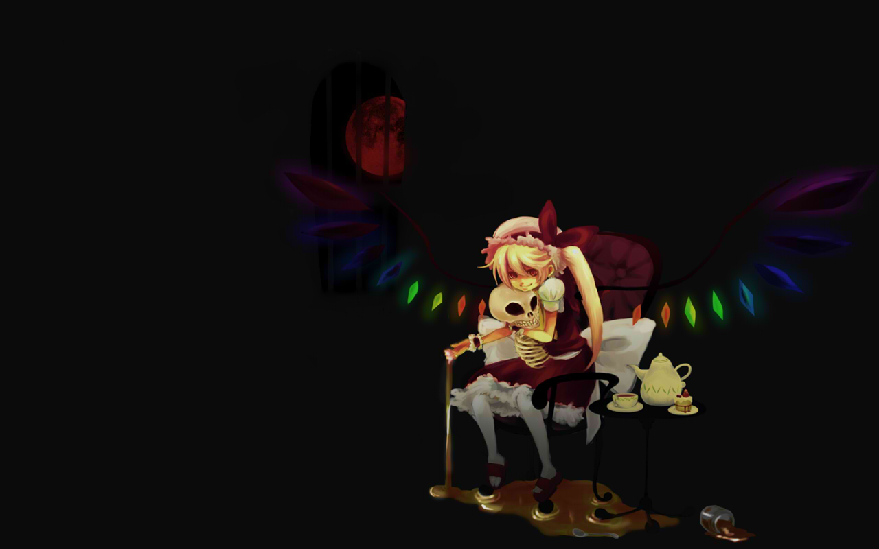 1008 (noble), chiba (noble), flandre scarlet, touhou, bad id, bad pixiv id, 1girl, blonde hair, cake, dark, female focus, food, moon, pastry, red eyes, skeleton, solo, tea