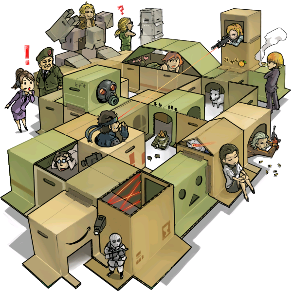 kuruuya, danboo, genome soldier, gray fox (metal gear), hal emmerich, johnny sasaki, kazuhira miller, liquid snake, mcdonell miller, mei ling, meryl silverburgh, metal gear rex, naomi hunter, nastasha romanenko, psycho mantis, revolver ocelot, roy campbell, sniper wolf, solid snake, vulcan raven, amazon (company), konami, metal gear (series), metal gear solid, nintendo, super smash bros., yotsubato!, vehicle, bad id, bad pixiv id, !, 4girls, 6+boys, ?, abs, armor, assault rifle, bandana, bare shoulders, bird, black hair, blonde hair, box, brown hair, bullet, bullpup, camera, cannon, cardboard box, chibi, cigarette, coat, dog, epic, facial hair, famas, fingerless gloves, food, fruit, gameplay mechanics, gas mask, glasses, gloves, gun, h&k psg1, hat, headband, headphones, headset, heart, laser, laser pointer projection, laser sight, locker, long hair, magnetic weapon, mask, master miller, mecha, military, military uniform, military vehicle, motor vehicle, multiple boys, multiple girls, mustache, necktie, ninja, orange (fruit), ponytail, railgun, red hair, rifle, robot, short hair, skirt, smoke, smoking, sniper rifle, sunglasses, tank, trench coat, tv camera, video camera, walker (robot), weapon, white hair, wolf