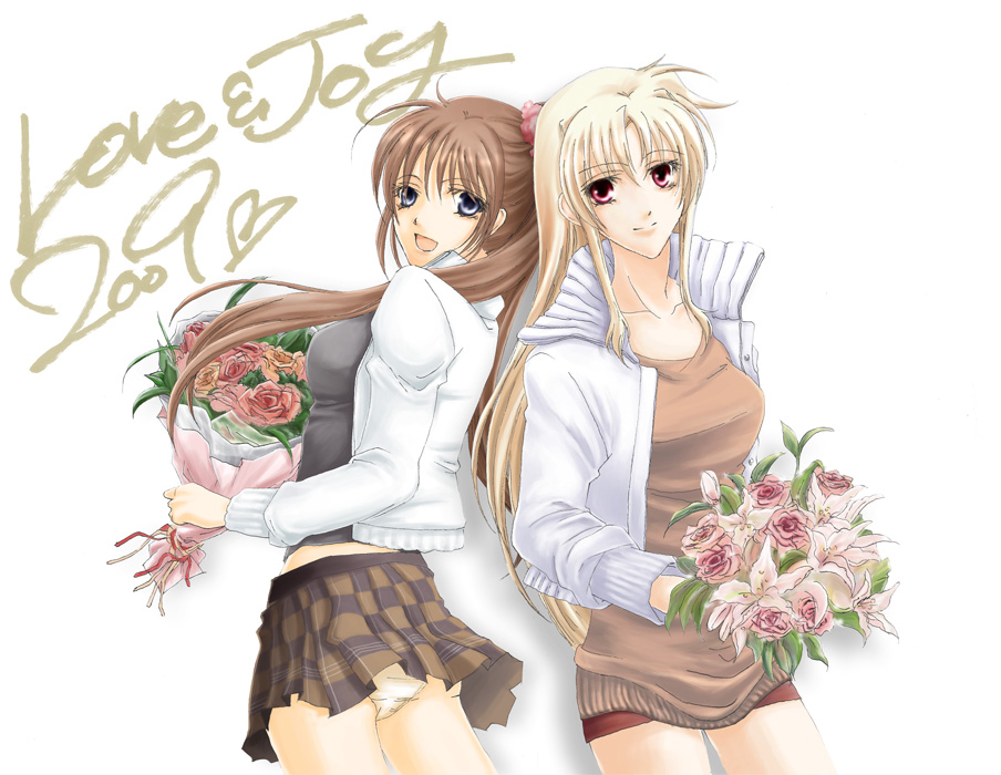 lina (interlude), fate testarossa, takamachi nanoha, lyrical nanoha, mahou shoujo lyrical nanoha, mahou shoujo lyrical nanoha strikers, 00s, bouquet, casual, flower, panties, pantyshot, underwear