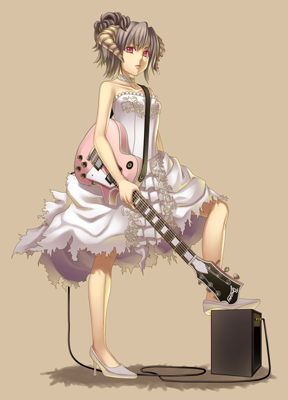 terumii, original, bad id, bad pixiv id, amplifier, brown hair, dress, guitar, high heels, horns, instrument, red eyes, shoes, short hair, white dress