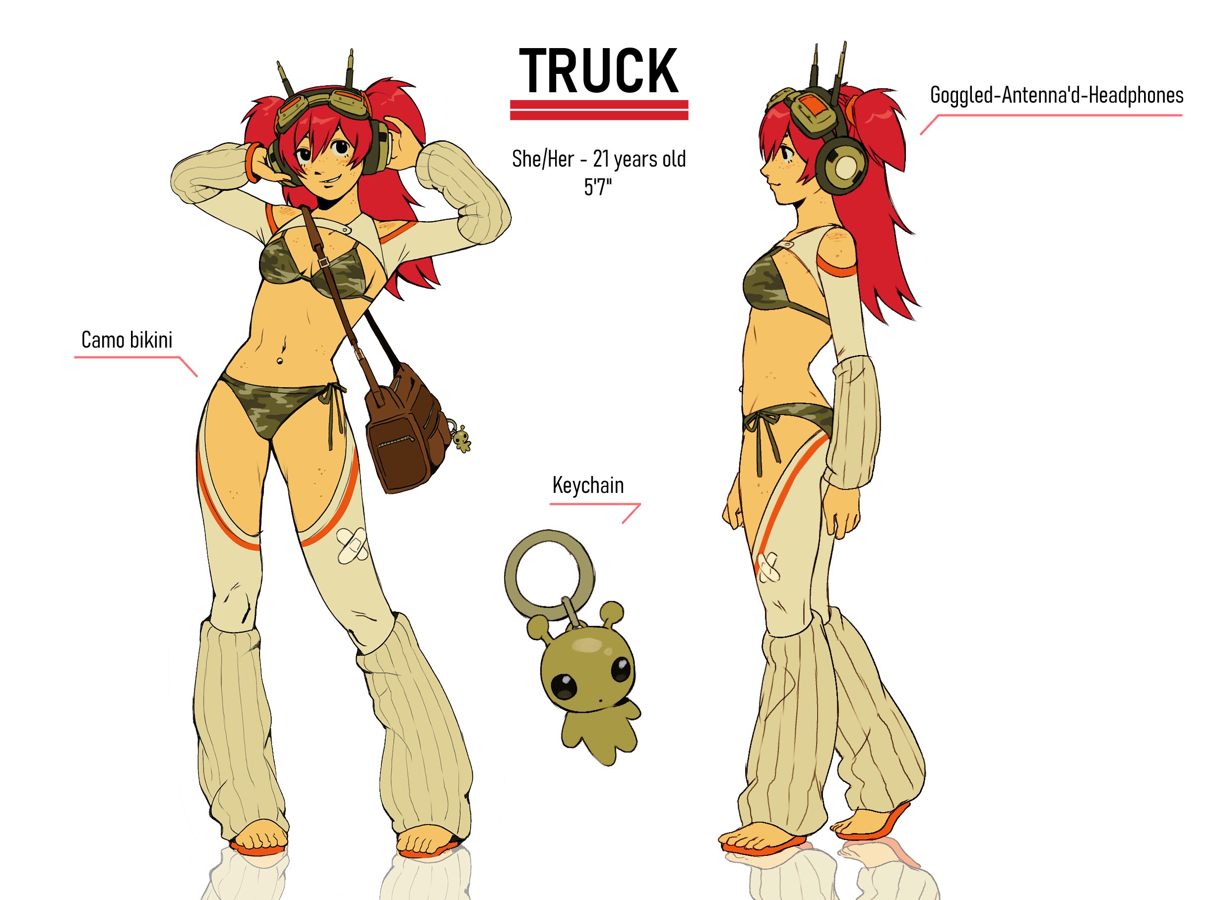 nifast (greentail), original, commentary, english commentary, highres, 1girl, alien, arm warmers, bag, bandaid, bandaid on clothes, bikini, black eyes, body freckles, breast freckles, breasts, brown bag, camouflage, camouflage bikini, character age, character name, charm (object), clothing cutout, english text, freckles, from side, full body, goggles, goggles on head, green bikini, hands on headphones, headphones, height, leg warmers, long hair, long sleeves, multiple views, navel, navel piercing, piercing, pointing out the details, radio antenna, red hair, red sandals, reference sheet, reflective floor, sandals, shoulder bag, shoulder cutout, shoulder freckles, shrug (clothing), side-tie bikini bottom, simple background, small breasts, smile, standing, stomach, straight-on, swimsuit, thigh freckles, thighhighs, truck (nifast (greentail)), two side up, white background, white thighhighs