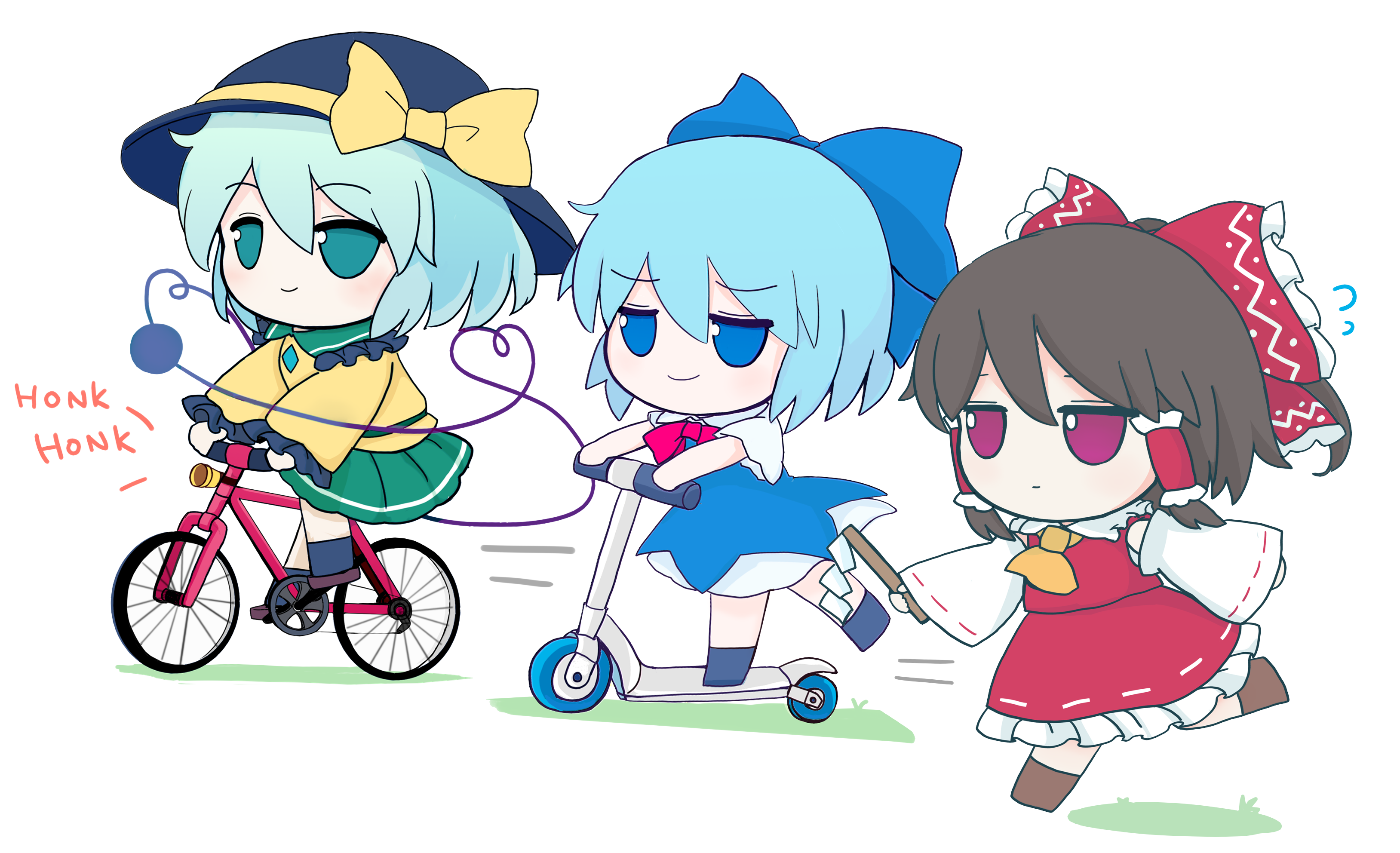 azuma meri, cirno, hakurei reimu, komeiji koishi, touhou, absurdres, commentary, highres, 3girls, ascot, bicycle, black hat, black shoes, blue bow, blue dress, blue eyes, blue hair, bow, brown hair, brown shoes, character doll, closed mouth, collared shirt, detached sleeves, doll, dress, frilled bow, frilled hair tubes, frilled shirt collar, frilled skirt, frilled sleeves, frills, full body, fumo (doll), gohei, green eyes, green hair, green skirt, hair bow, hair tubes, hat, hat bow, holding, ice, ice wings, kick scooter, long dress, long sleeves, medium hair, multiple girls, neck ribbon, nontraditional miko, pinafore dress, puffy short sleeves, puffy sleeves, red bow, red eyes, red ribbon, red shirt, red skirt, ribbon, ribbon-trimmed sleeves, ribbon trim, riding, riding bicycle, shirt, shoes, short hair, short sleeves, sidelocks, simple background, skirt, skirt set, sleeveless, sleeveless dress, walking, wavy hair, white background, white shirt, wide sleeves, wings, yellow ascot, yellow bow, yellow ribbon, yellow shirt