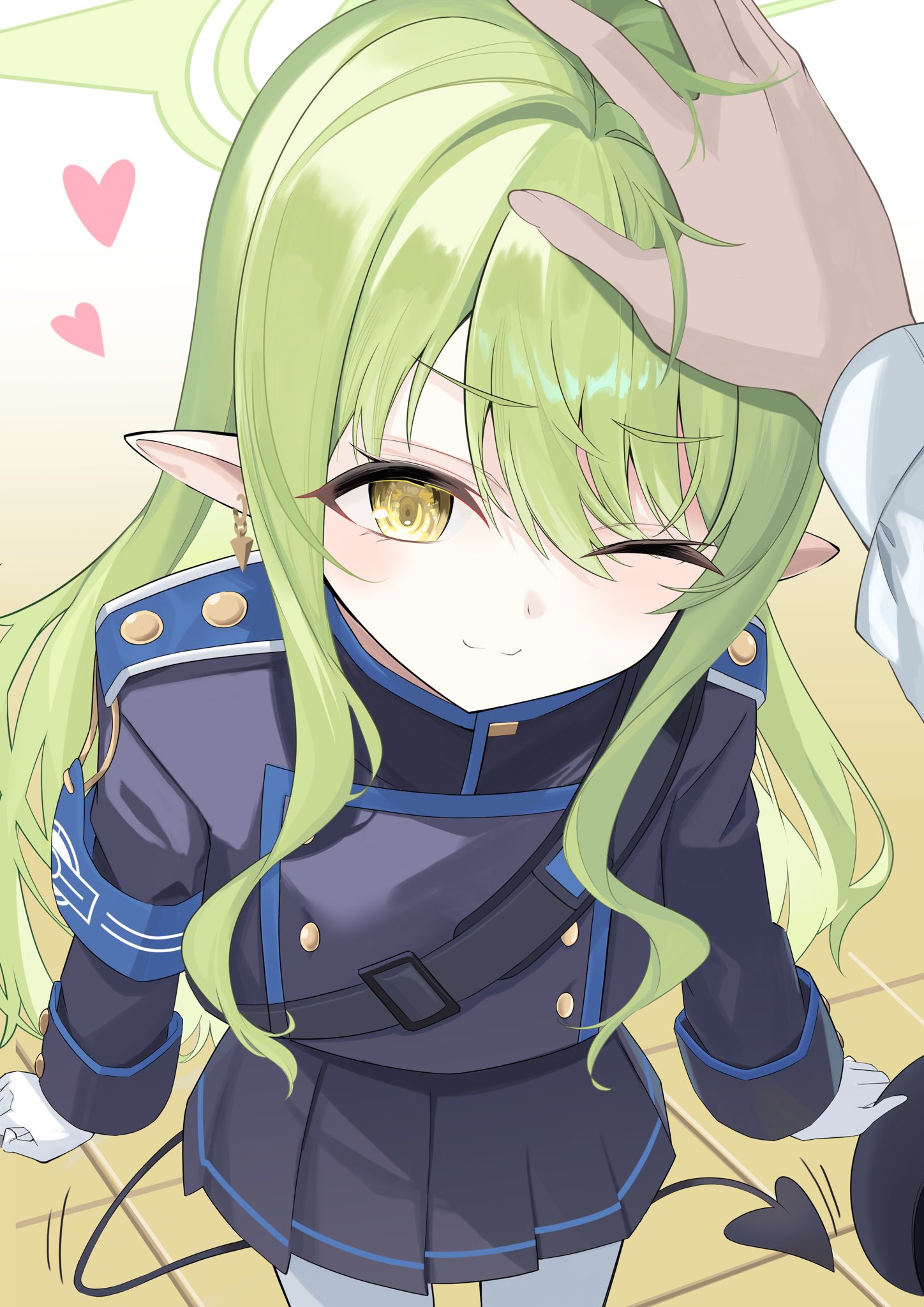 tenki nori, hikari (blue archive), blue archive, commentary, highres, 1girl, 1other, ;3, armband, arms at sides, black jacket, black skirt, blue armband, blush, buttons, closed mouth, cowboy shot, demon girl, demon tail, double-breasted, earrings, expressive tail, eyelashes, eyes visible through hair, foreshortening, from above, gloves, green hair, green halo, hair between eyes, halo, happy, hat, heart, holding, holding unworn clothes, holding unworn hat, jacket, jewelry, long hair, long sleeves, looking at viewer, miniskirt, motion lines, no headwear, one eye closed, pleated skirt, pointy ears, pov, pov hands, sidelocks, skirt, smile, solo focus, split mouth, standing, tail, tile floor, tiles, unworn hat, unworn headwear, very long hair, wavy hair, white gloves, yellow eyes