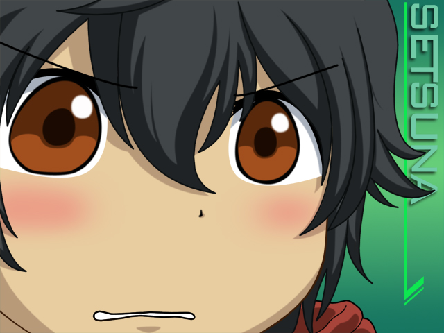 setsuna f. seiei, gundam, gundam 00, 00s, 1boy, blush, brown eyes, brown hair, clenched teeth, close-up, gununu (meme), male focus, meme, solo, teeth, upper body