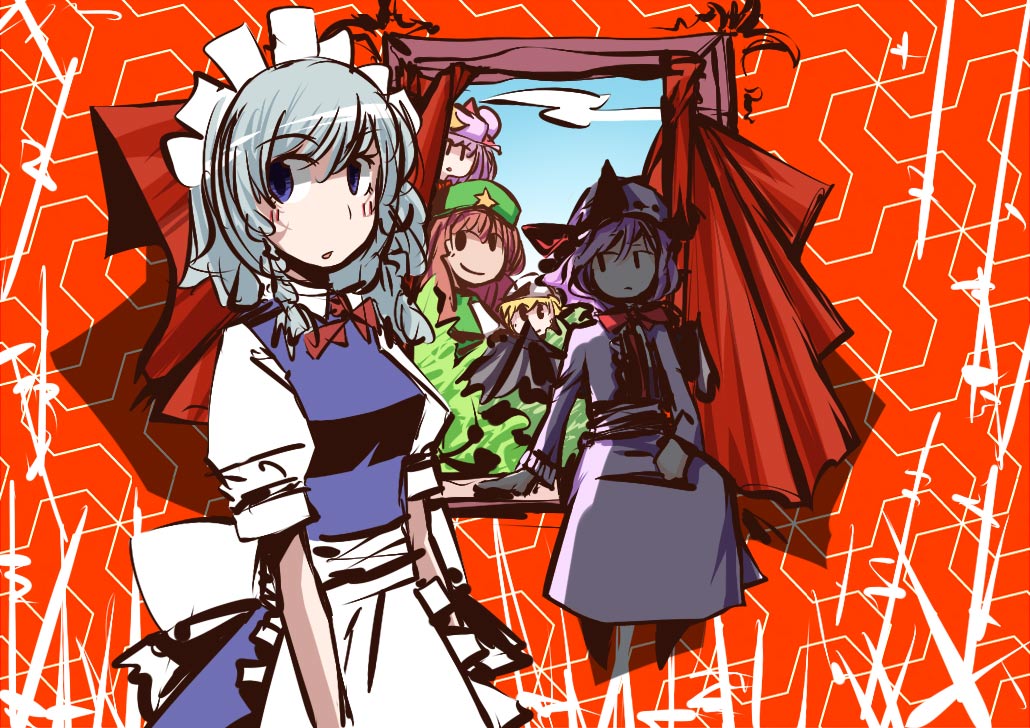 kasuteru, flandre scarlet, hong meiling, izayoi sakuya, patchouli knowledge, remilia scarlet, embodiment of scarlet devil, touhou, silver hair, 5girls, apron, blue dress, braid, dress, female focus, looking at viewer, multiple girls, puffy short sleeves, puffy sleeves, short hair, short sleeves, sketch, standing, twin braids, twintails, waist apron, window