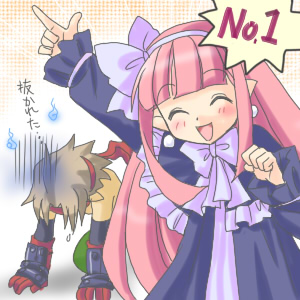 karina, mage (disgaea), male warrior (disgaea), warrior (disgaea), disgaea, nippon ichi, lowres, 1boy, 1girl, ^ ^, blush, brown hair, closed eyes, demon girl, dress, happy, long hair, open mouth, pink hair, pointy ears, prostration, sad, short hair, smile