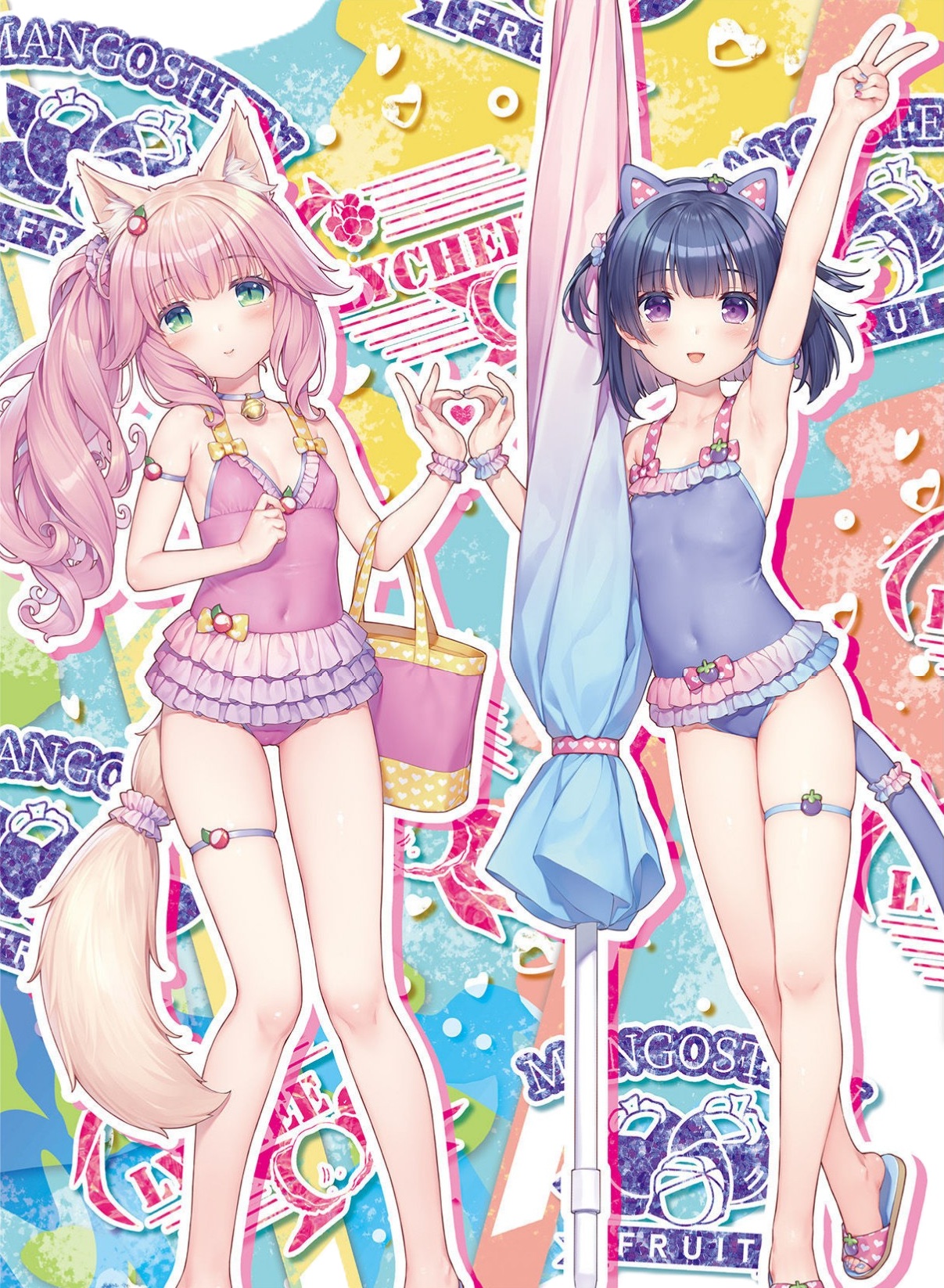 sayori (neko works), fraise (nekopara), minazuki shigure, nekopara, commentary request, cropped, highres, non-web source, official art, unfinished, 1girl, arm up, armpits, bag, beach umbrella, bell, black hair, blush, breasts, cameltoe, casual one-piece swimsuit, cat girl, cat tail, cleavage, collar, covered navel, cowboy shot, eyes out of frame, frilled one-piece swimsuit, frills, head out of frame, jingle bell, long hair, one-piece swimsuit, open mouth, pink hair, pink one-piece swimsuit, ponytail, purple one-piece swimsuit, ribs, short hair, small breasts, smile, solo, swimsuit, tail, thigh gap, thighs, umbrella