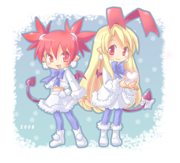 etna (disgaea), flonne, flonne (fallen angel), karina, disgaea, makai senki disgaea, makai senki disgaea 2, makai senki disgaea 3, nippon ichi, 00s, 2girls, bat wings, blonde hair, bow, demon girl, earrings, fallen angel, heart, jewelry, long hair, multiple girls, pantyhose, pointy ears, red eyes, red hair, ribbon, skirt, tail, tail bow, tail ornament, wings