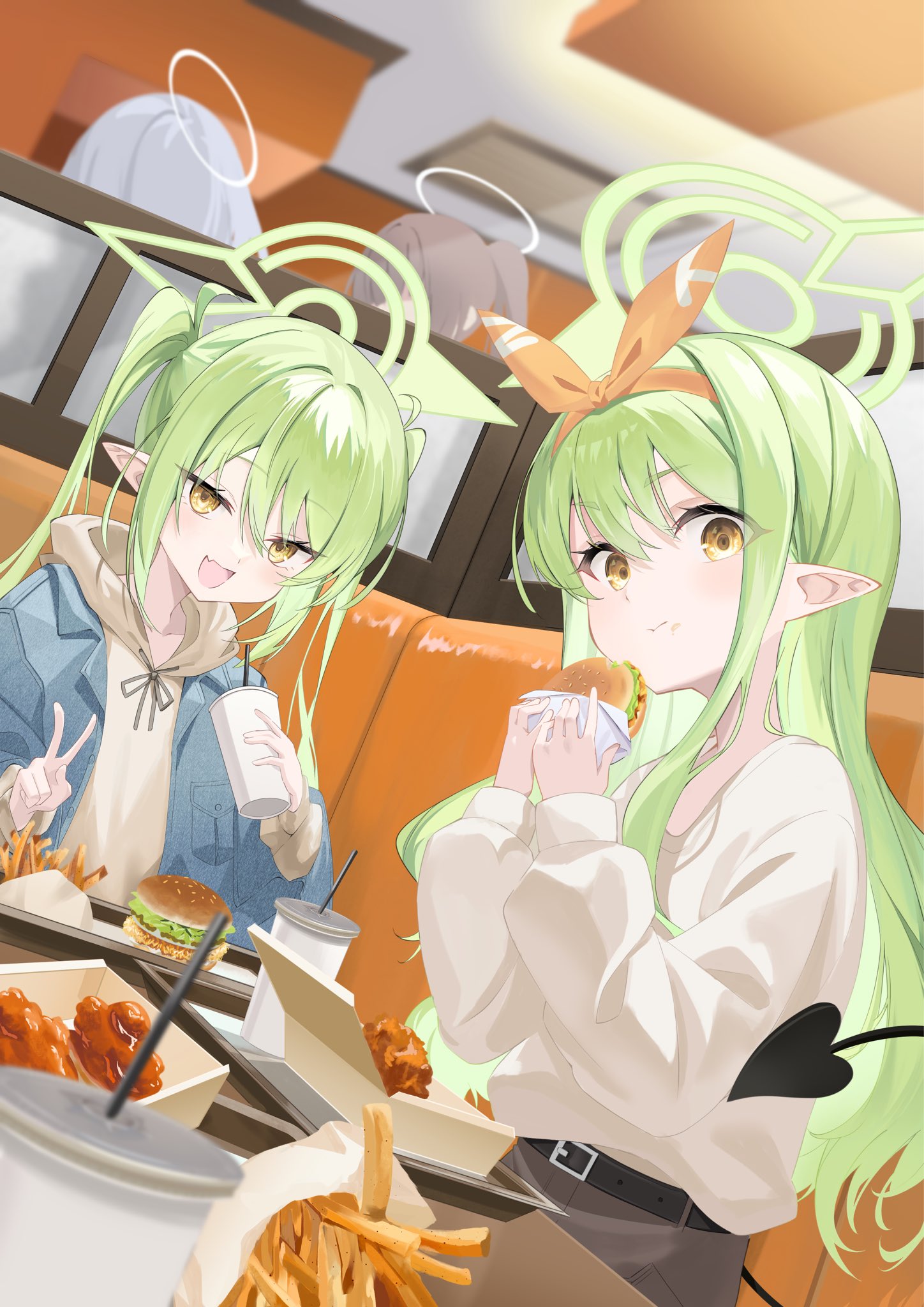 tenki nori, hikari (blue archive), nozomi (blue archive), blue archive, commentary, highres, 2girls, :d, alternate costume, belt, black belt, blurry, blush, burger, casual, closed mouth, cowboy shot, cup, demon girl, demon tail, denim, denim jacket, depth of field, disposable cup, eating, eyelashes, eyes visible through hair, fang, food, food on face, french fries, green hair, green halo, hair between eyes, hair intakes, hair ribbon, halo, hands up, holding, holding burger, holding cup, holding food, indoors, jacket, long hair, long sleeves, looking at viewer, multiple girls, no headwear, open clothes, open jacket, open mouth, orange ribbon, pointy ears, puffy long sleeves, puffy sleeves, ribbon, siblings, sidelocks, sisters, sitting, skin fang, smile, tail, thick eyebrows, tsurime, twins, twintails, upper body, v, very long hair, yellow eyes