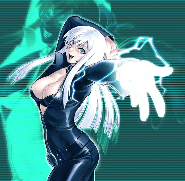 zen, nemissa, atlus, devil summoner: soul hackers, devil summoner (series), shin megami tensei, 1girl, belt, black lips, blue eyes, bodysuit, bra, breasts, center opening, cleavage, collar, electricity, female focus, full-length zipper, large breasts, lingerie, lipstick, long hair, makeup, open bodysuit, open clothes, solo, underwear, unzipped, white hair, zipper, zoom layer