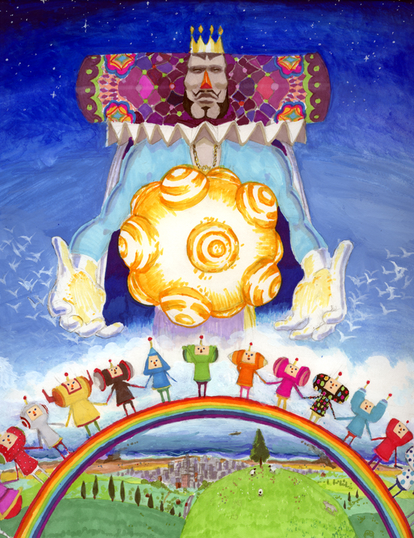 king of all cosmos, the prince, katamari damacy, beard, bird, crown, facial hair, mustache, rainbow, rainbow path, tree