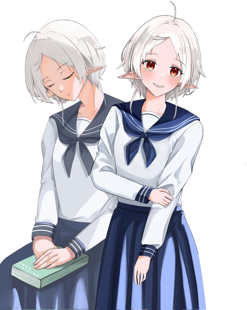 hiirouki, sylphiette (mushoku tensei), mushoku tensei, 1girl, ahoge, blue sailor collar, blue skirt, book, elf, holding, holding book, long skirt, looking at viewer, multiple views, pointy ears, red eyes, sailor collar, short hair, skirt, sleeping, solo, solo focus, white background, white hair