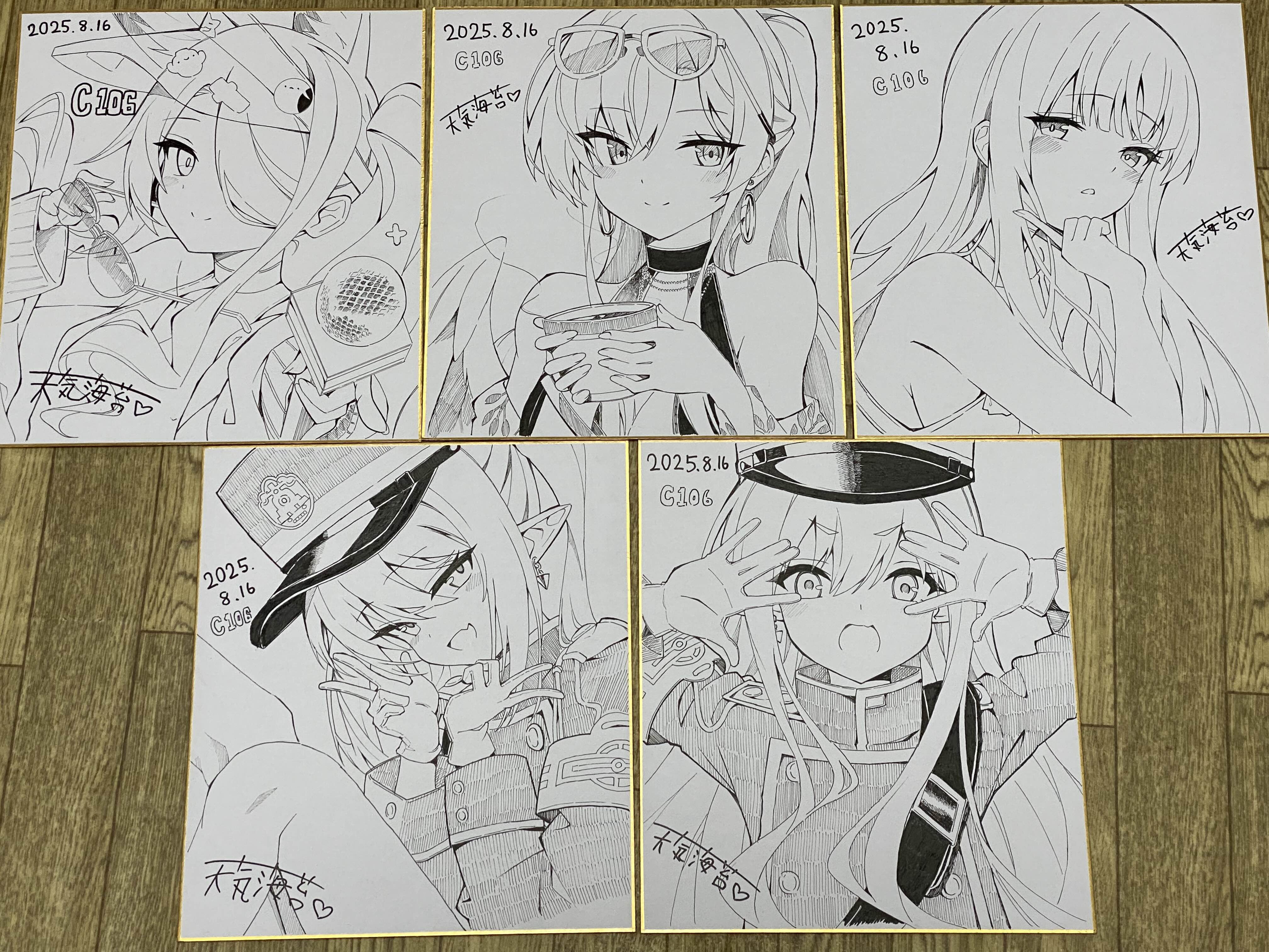 tenki nori, hikari (blue archive), mika (blue archive), mika (swimsuit) (blue archive), nagisa (blue archive), nagisa (swimsuit) (blue archive), nozomi (blue archive), seia (blue archive), seia (swimsuit) (blue archive), blue archive, comiket 106, absurdres, commentary request, highres, photo (medium), 2025, 5girls, :d, ||/, animal ear fluff, animal ears, armband, bare shoulders, bikini, blunt bangs, blush, blush stickers, closed mouth, cup, dated, double v, extra ears, eyes visible through hair, eyewear on head, fang, feathered wings, fox ears, fox girl, gloves, hair down, hair over one eye, hand up, hands up, hat, heart, holding, holding cup, holding microphone, holding removed eyewear, index finger raised, jacket, long sleeves, looking at viewer, microphone, monochrome, multiple girls, official alternate costume, official alternate hairstyle, one-piece swimsuit, one eye covered, open mouth, parted lips, peaked cap, shikishi, siblings, side ponytail, sidelocks, simple background, sisters, sitting, skin fang, smile, split mouth, steam, sunglasses, swimsuit, tea party (blue archive), thick eyebrows, tsurime, twins, unworn eyewear, upper body, v, v-shaped eyebrows, visor cap, white background, wings