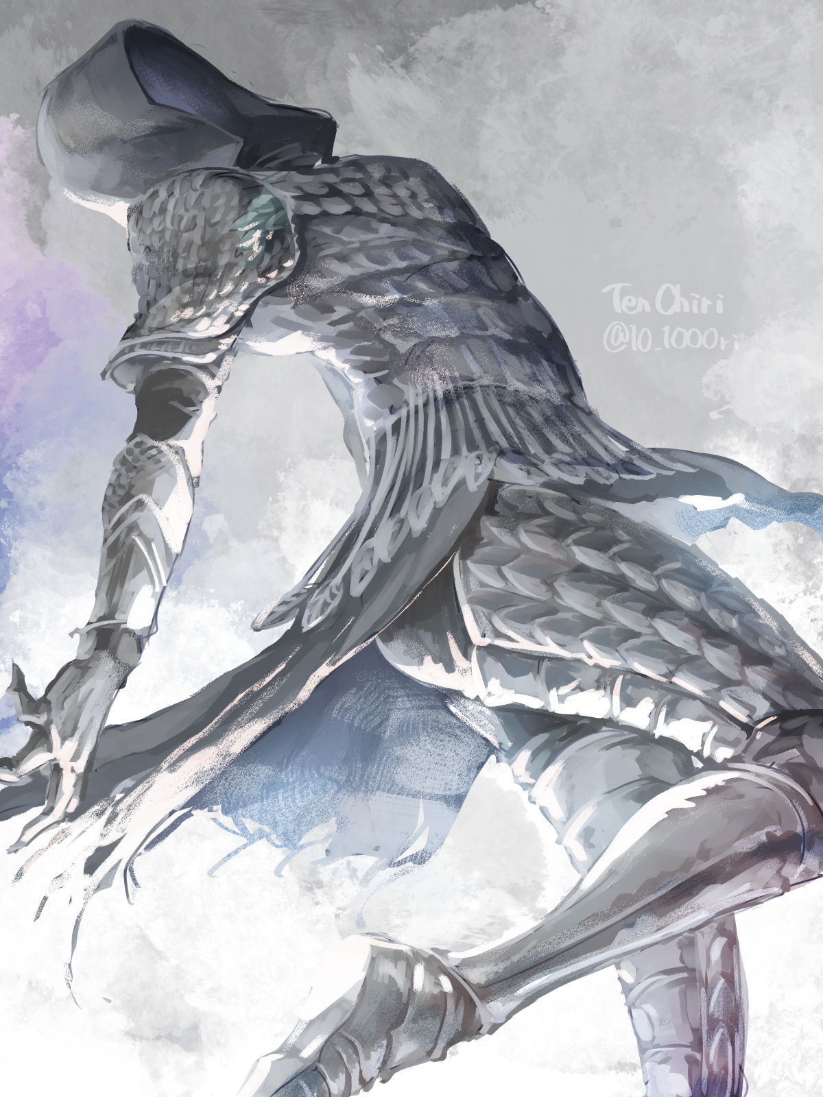 10 1000ri, black knife tiche, elden ring, commentary, english commentary, highres, 1girl, armor, artist name, black hood, greaves, grey background, solo, standing, standing on one leg, twitter username, waist cape