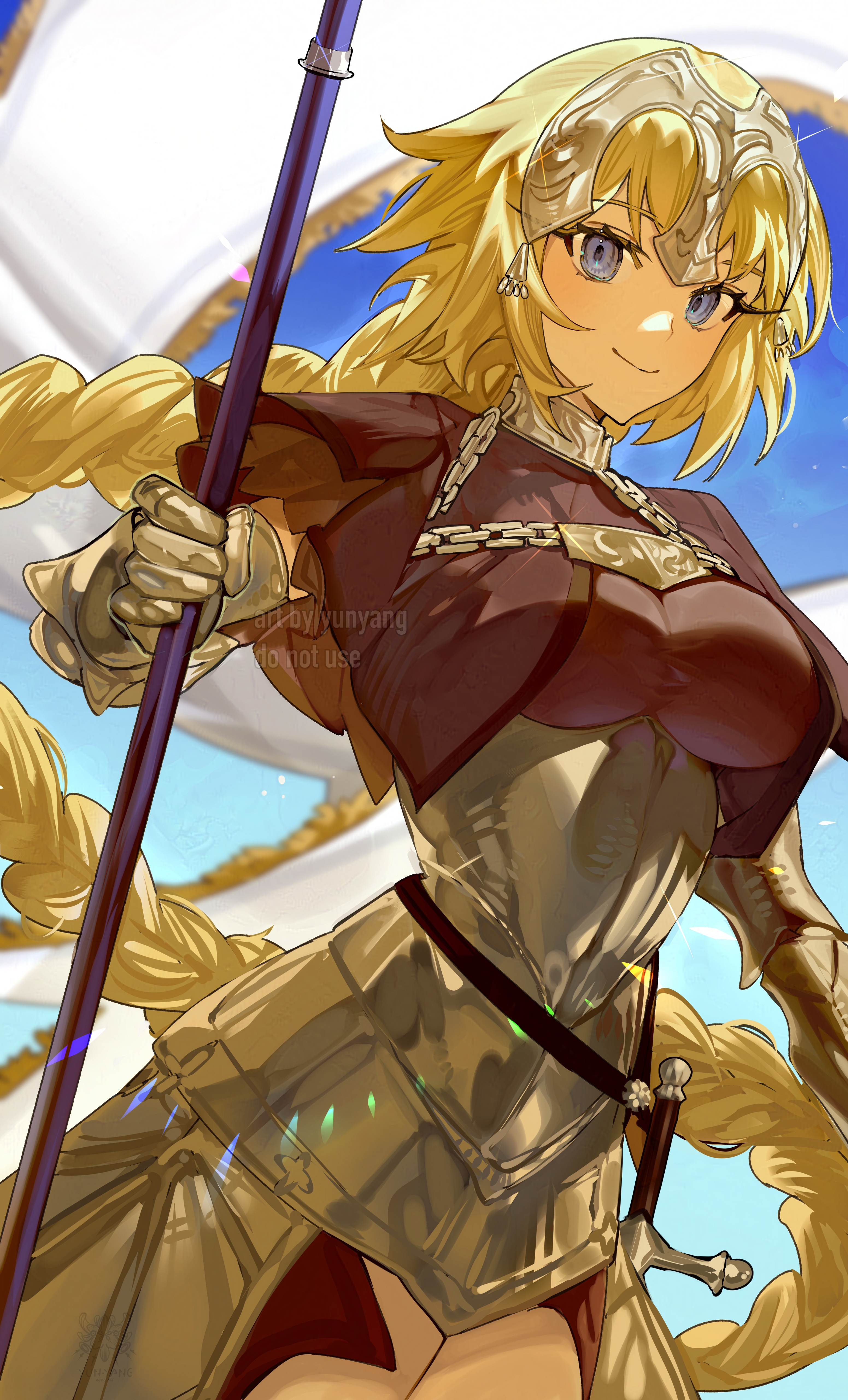 yun-yang, jeanne d'arc (fate), jeanne d'arc (ruler) (fate), fate/grand order, fate (series), absurdres, commentary, english commentary, highres, 1girl, armor, armored dress, blonde hair, blue eyes, braid, braided ponytail, breasts, chain, collar, dress, faulds, flag, gauntlets, headpiece, large breasts, long hair, looking at viewer, metal collar, plackart, polearm, purple dress, smile, solo, very long hair, weapon