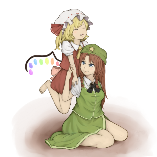 iwamochi, flandre scarlet, hong meiling, embodiment of scarlet devil, touhou, 2girls, :d, ^ ^, barefoot, beret, blonde hair, blue eyes, braid, chinese clothes, closed eyes, dress, female focus, full body, green dress, hat, mob cap, multiple girls, open mouth, puffy short sleeves, puffy sleeves, red hair, short sleeves, simple background, sitting, smile, twin braids, vest, wariza, white background, wings