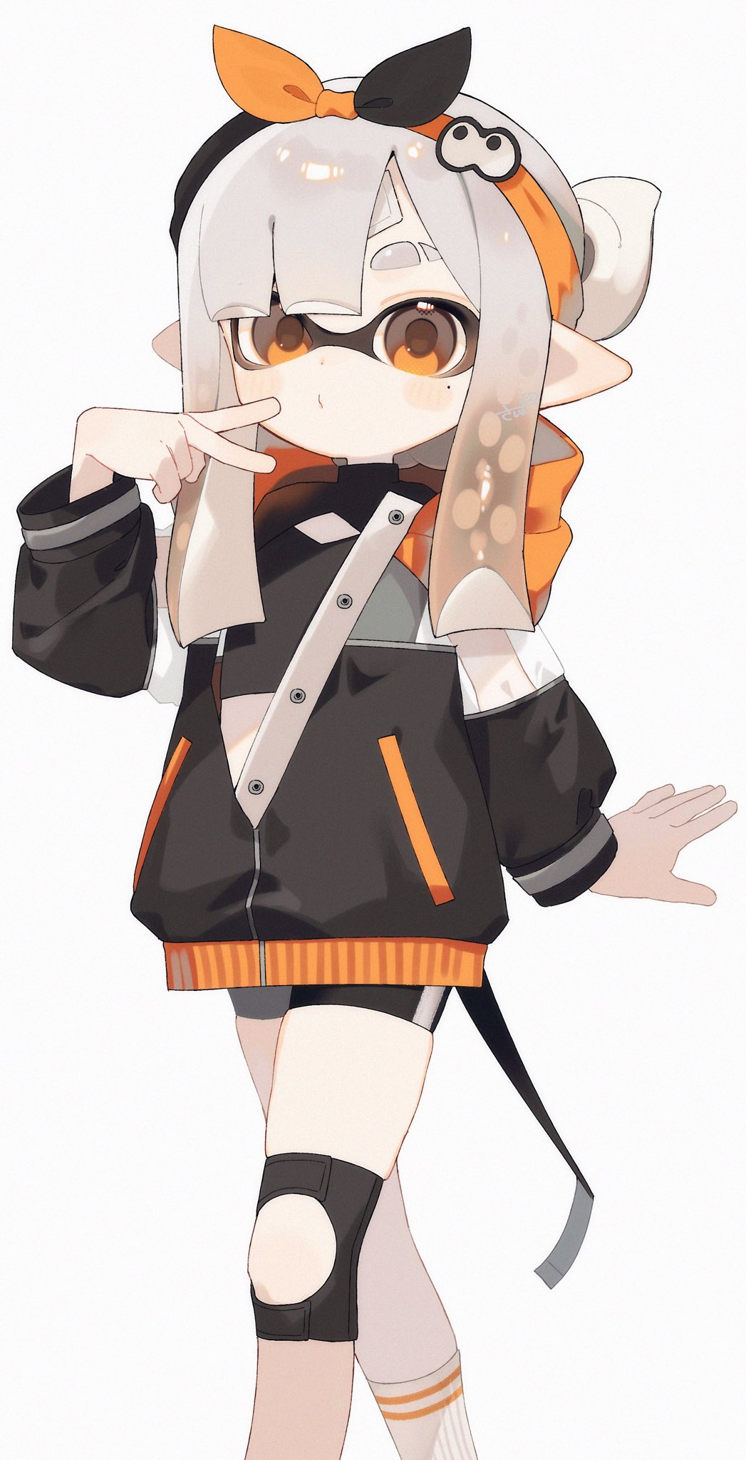 sabata saba, inkling girl, inkling player character, nintendo, splatoon (series), splatoon 3, highres, 1girl, asymmetrical bangs, bike shorts, black jacket, eyebrow cut, grey hair, hairband, inkling, jacket, long hair, mole, mole under eye, orange eyes, parted bangs, pointy ears, puckered lips, solo, standing, tentacle hair, thick eyebrows, v, white background