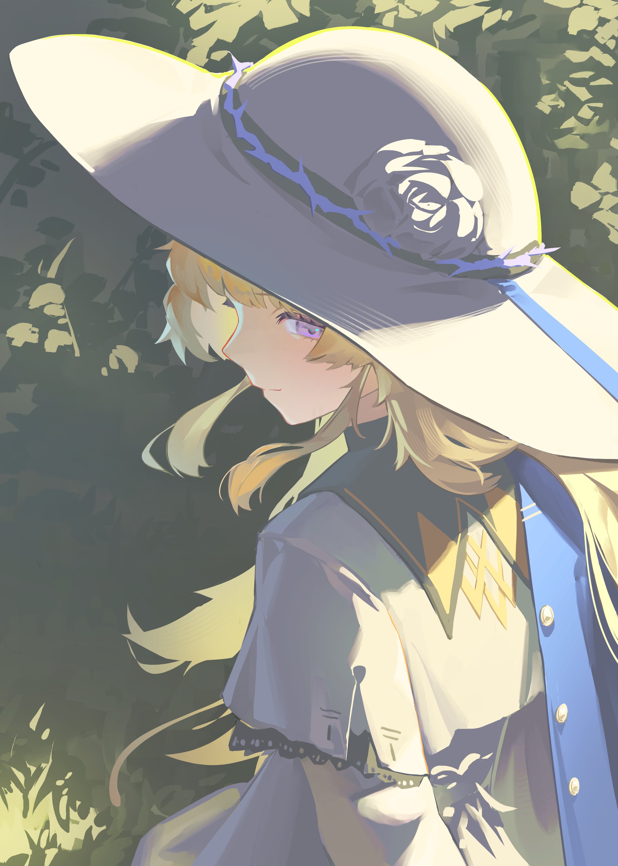 joykoygo, phoebe (wuthering waves), wuthering waves, absurdres, commentary, highres, 1girl, blonde hair, blue sash, closed mouth, day, flower, from behind, hat, hat flower, long hair, long sleeves, looking at viewer, outdoors, plant, purple eyes, sash, shirt, sidelocks, solo, upper body, white hat, white shirt