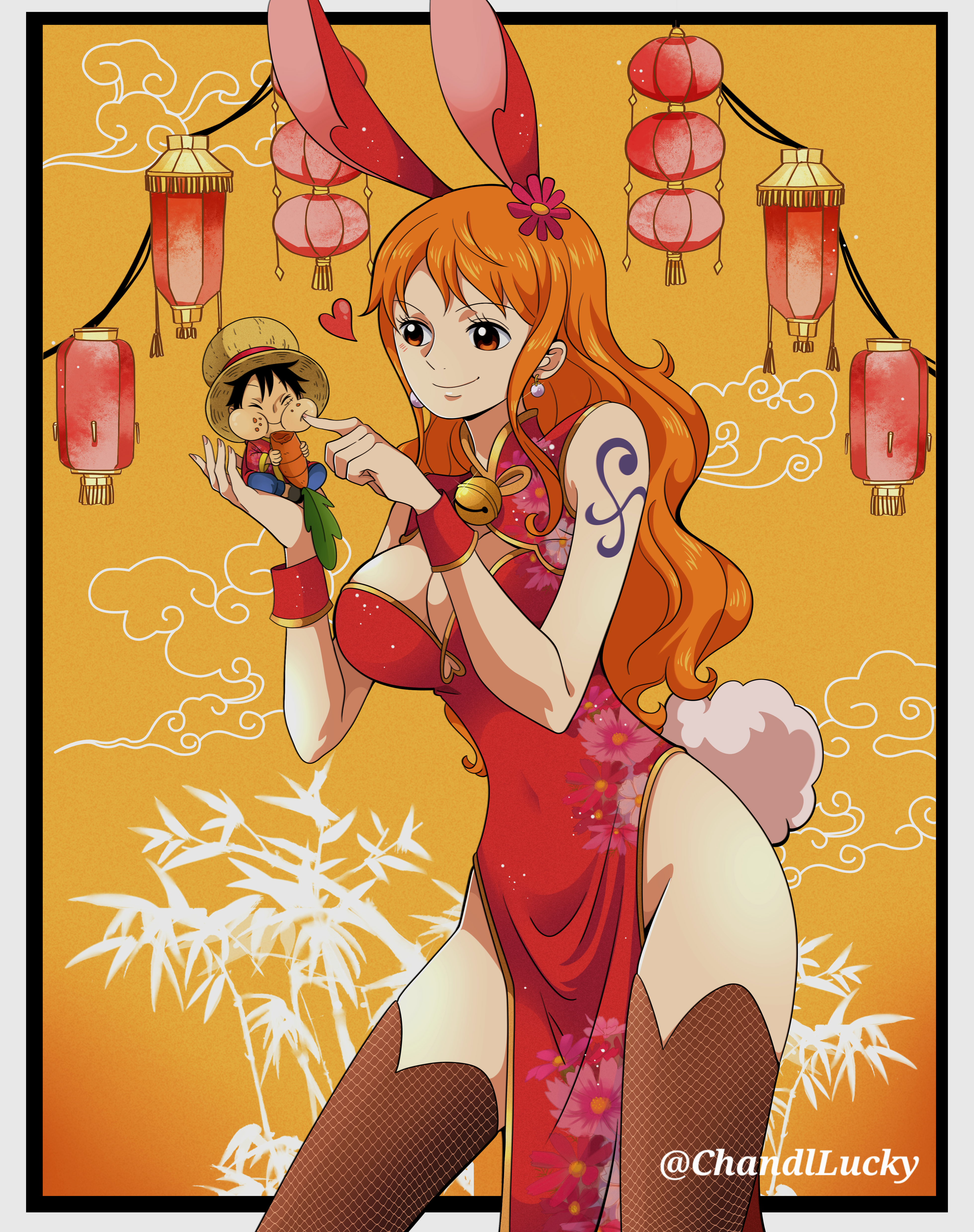 chandllucky, monkey d. luffy, nami (one piece), one piece, absurdres, commentary, highres, 1boy, 1girl, alternate costume, animal ears, bare shoulders, bell, black hair, breasts, brown thighhighs, carrot, cheek poking, china dress, chinese clothes, chinese zodiac, cleavage, cleavage cutout, closed eyes, closed mouth, clothing cutout, dress, earrings, eating, feet out of frame, floral print, flower, food, food on face, hair flower, hair ornament, hat, heart, highleg, highleg dress, holding, holding carrot, in palm, jewelry, large breasts, long hair, looking at another, mini person, miniboy, neck bell, orange eyes, orange hair, outside border, pearl earrings, pelvic curtain, poking, print dress, rabbit ears, rabbit tail, red dress, red flower, shoulder tattoo, sleeveless, sleeveless dress, smile, straw hat, tail, tattoo, thighhighs, twitter username, wavy hair, year of the rabbit