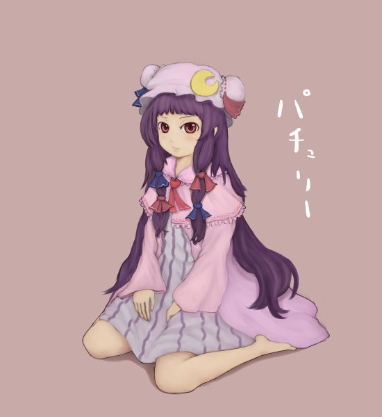iwamochi, patchouli knowledge, touhou, striped, 1girl, barefoot, female focus, full body, kneeling, long hair, simple background, solo, very long hair