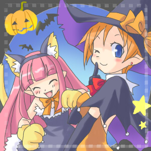 karina, mage (disgaea), magic knight (disgaea), disgaea, nippon ichi, lowres, 2girls, animal ears, animal hands, bat (animal), cat ears, cat paws, cat tail, demon girl, halloween, jack-o'-lantern, long hair, multiple girls, one eye closed, orange hair, pink hair, pointy ears, pumpkin, ribbon, short hair, star (symbol), tail, wink