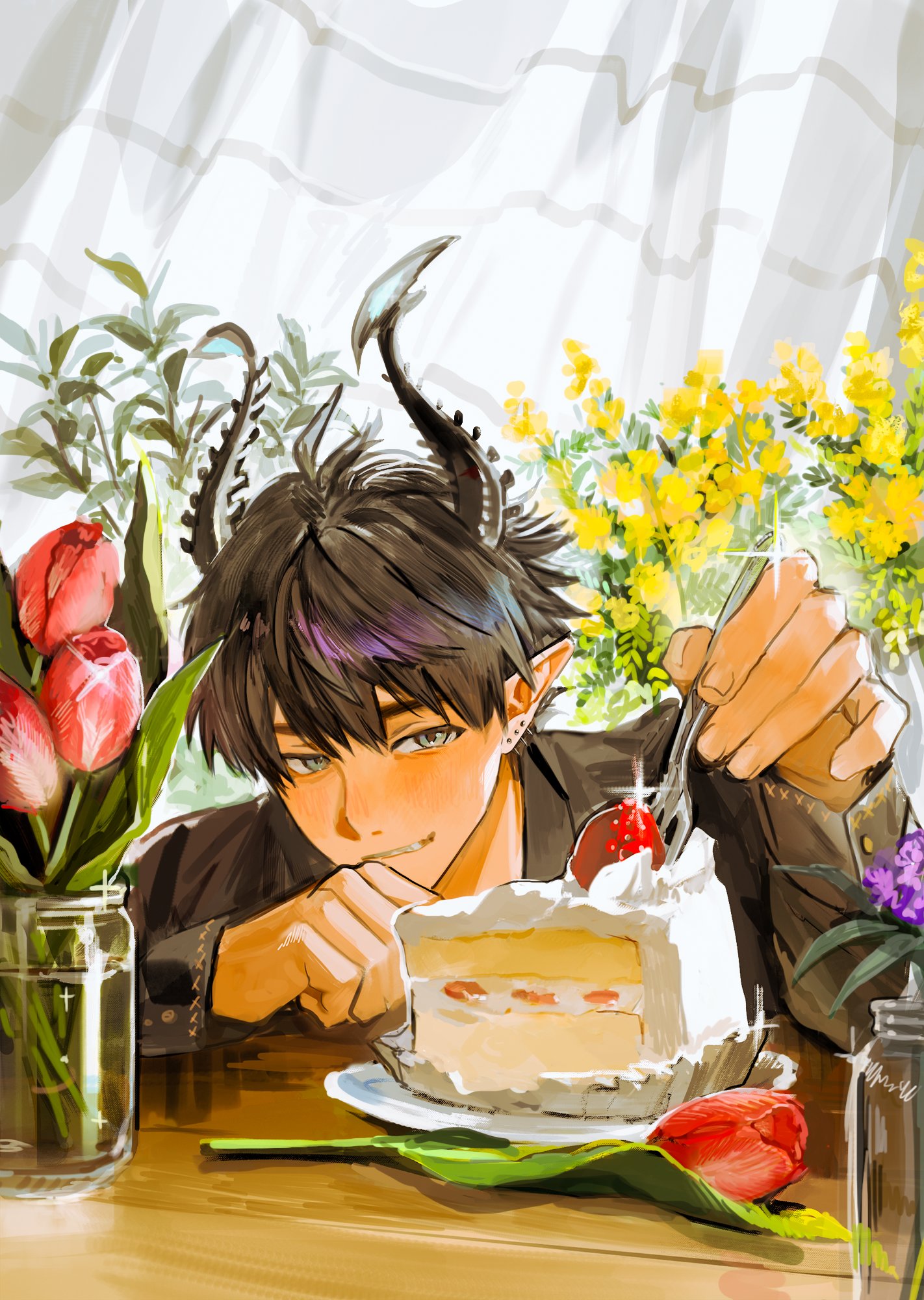 ne2 (renznyanya), ren zotto, nijisanji, nijisanji en, commentary, english commentary, highres, 1boy, ahoge, arm up, asymmetrical horns, black hair, black horns, black jacket, blue eyes, cake, cake slice, earrings, fingernails, flower, food, food wrapper, fork, fruit, grin, holding, holding fork, holding utensil, horns, jacket, jewelry, leaf, long pointy ears, long sleeves, looking to the side, male focus, mason jar, multiple earrings, piercing, plate, pointy ears, red flower, short hair, sitting, smile, solo, strawberry, strawberry shortcake, table, teeth, tulip, virtual youtuber, yellow flower