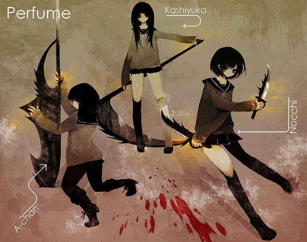 duca, a~chan, kashiyuka, nocchi (perfume), perfume (band), bad id, bad pixiv id, a-chan, black hair, blood, brown eyes, knife, school uniform, scythe, sword, weapon